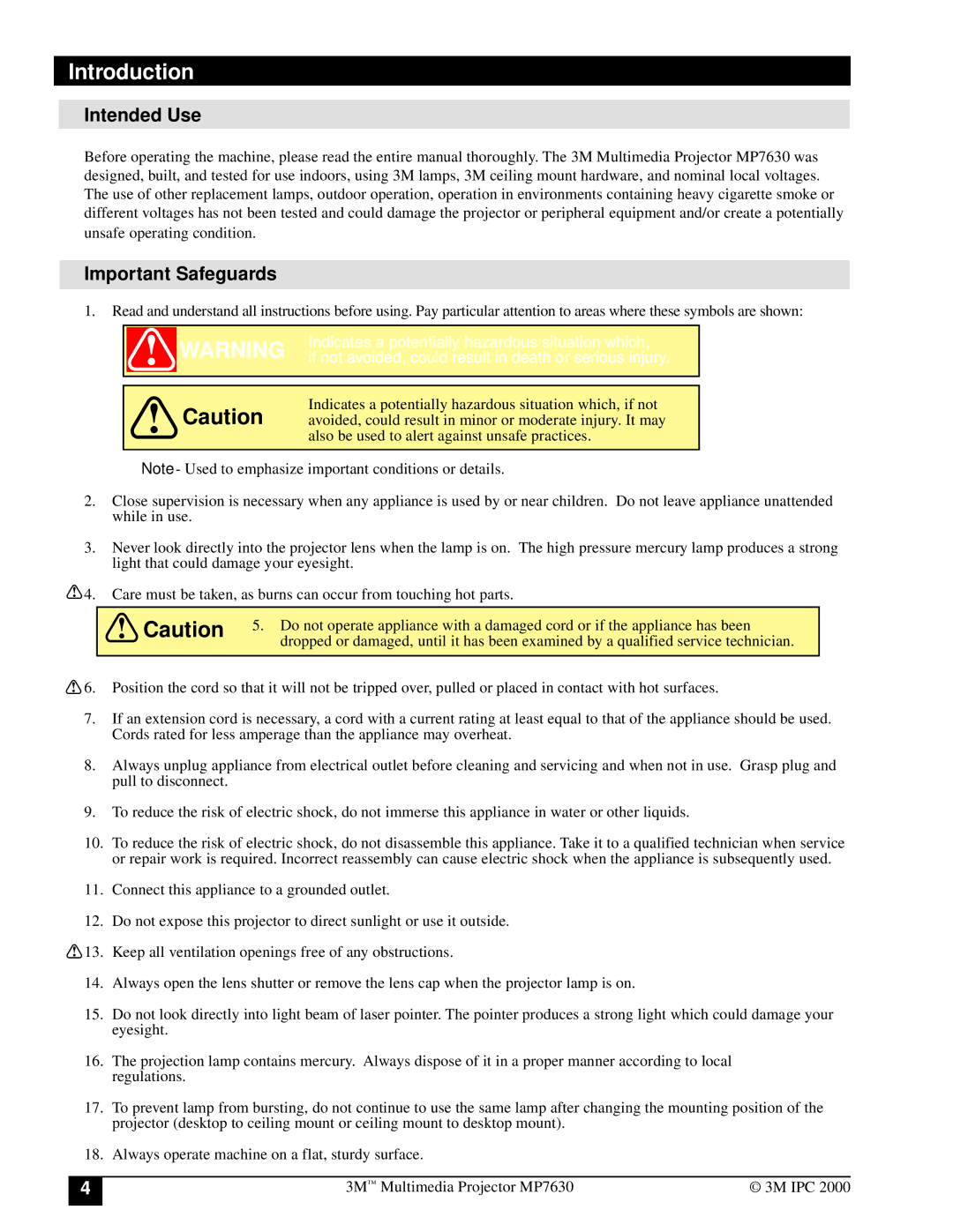 Toshiba MP7630 manual Introduction, Intended Use, Important Safeguards 