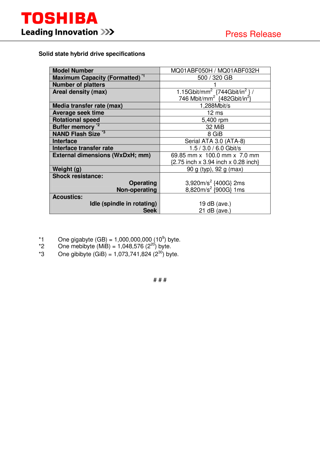Toshiba MQ01ABF050H manual Solid state hybrid drive specifications Model Number 