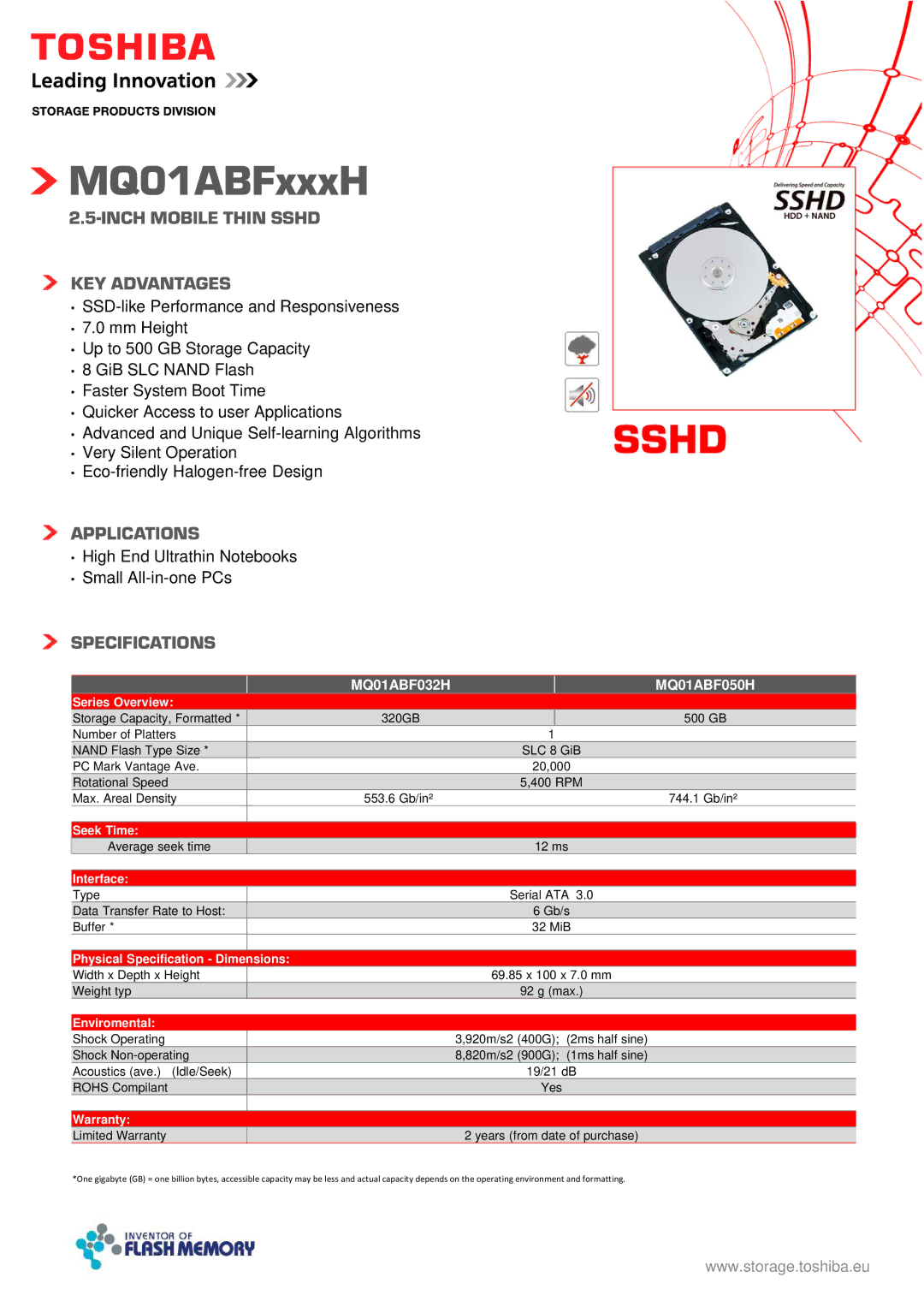 Toshiba MQ01ABF050H specifications MQ01ABFxxxH, Inch Mobile Thin Sshd KEY Advantages, Applications, Specifications 