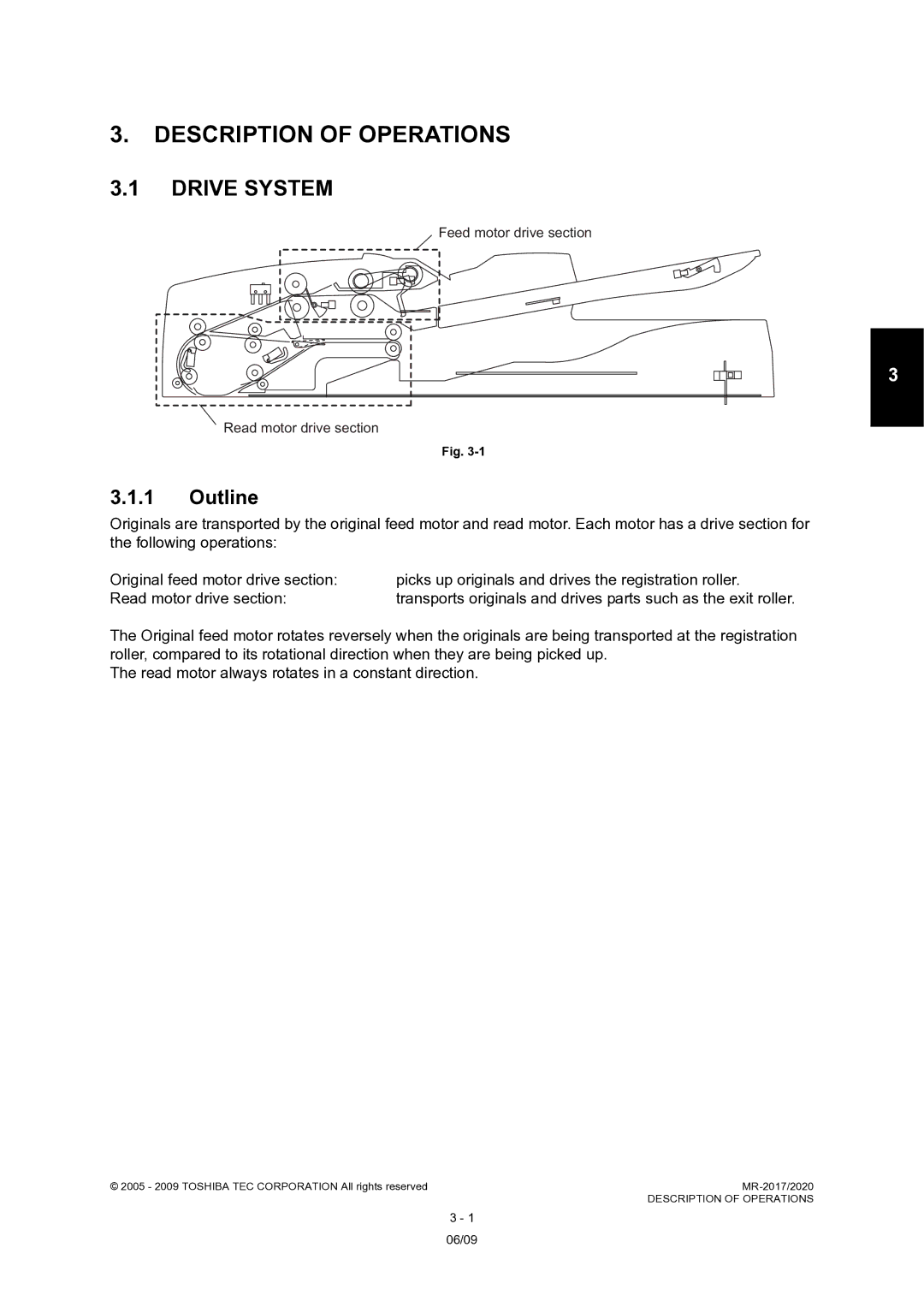 Toshiba MR-2020, MR-2017 service manual Description of Operations, Feed motor drive section Read motor drive section 