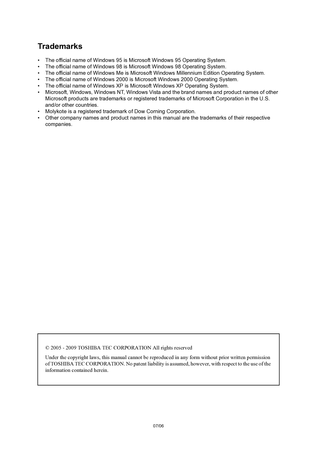 Toshiba MR-2017, MR-2020 service manual Trademarks 