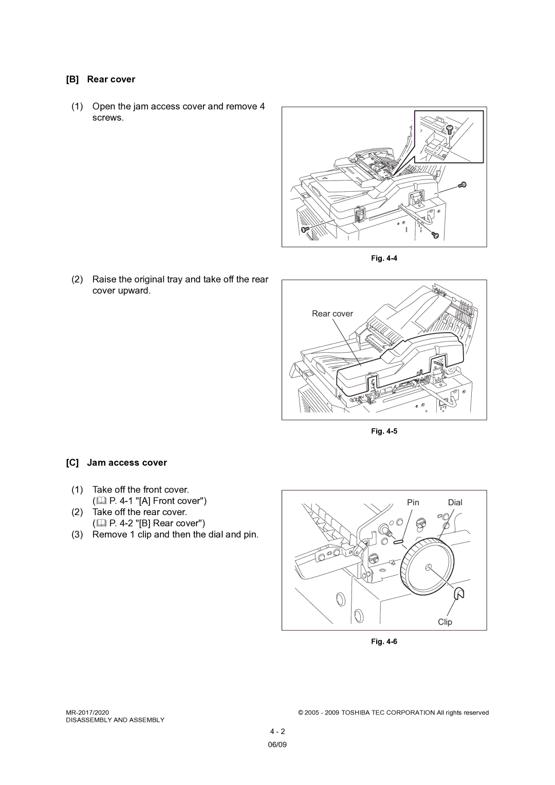 Toshiba MR-2017, MR-2020 service manual Rear cover, Jam access cover, Pin, Clip 