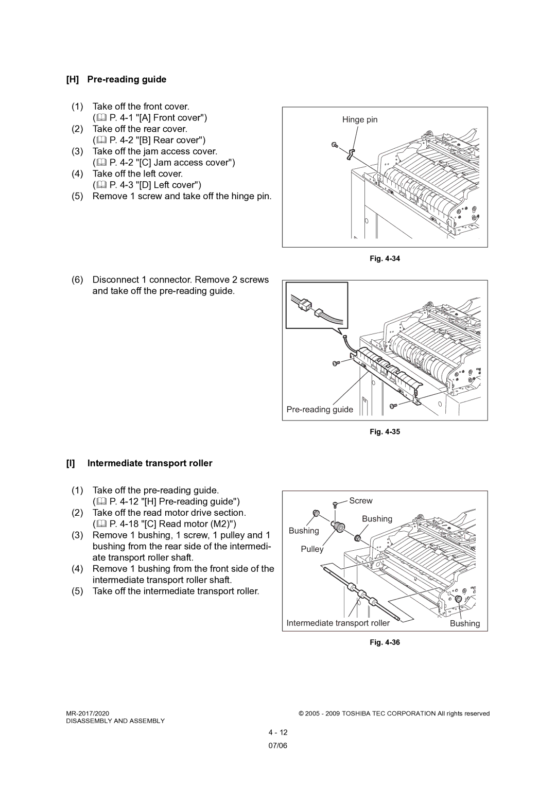 Toshiba MR-2017, MR-2020 service manual Pre-reading guide, Intermediate transport roller, Hinge pin 