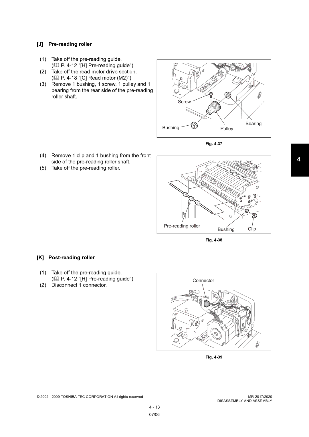 Toshiba MR-2020, MR-2017 service manual Pre-reading roller, Post-reading roller, Screw Bushing, Connector 