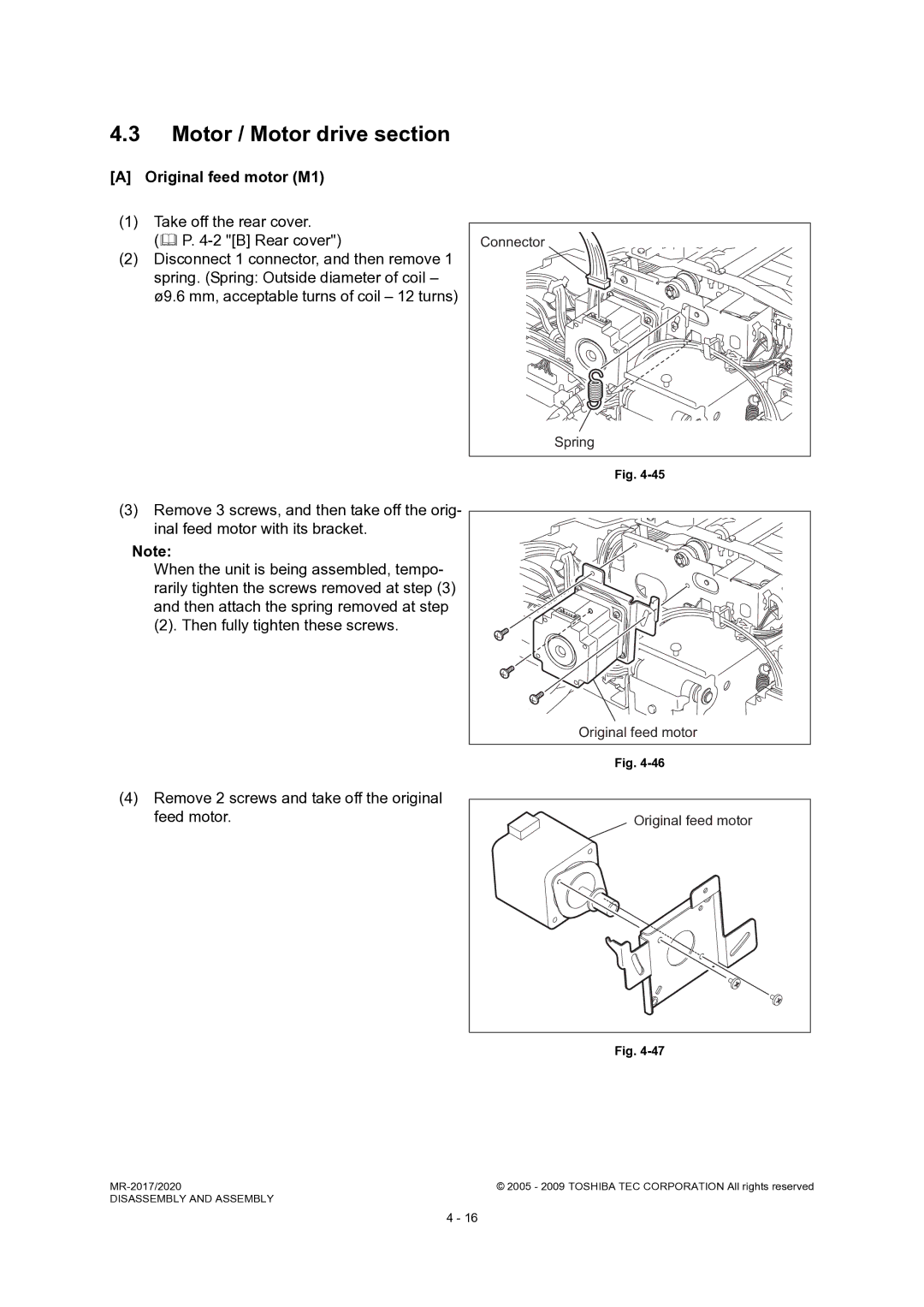 Toshiba MR-2017, MR-2020 service manual Motor / Motor drive section, Original feed motor M1, Spring 