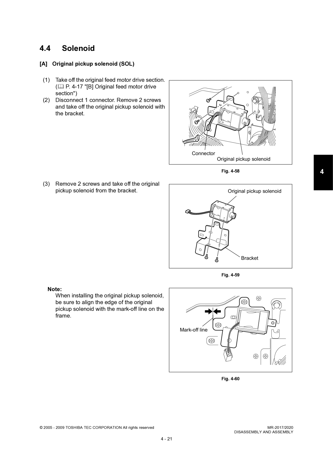 Toshiba MR-2020, MR-2017 service manual Solenoid, Original pickup solenoid SOL, Mark-off line 