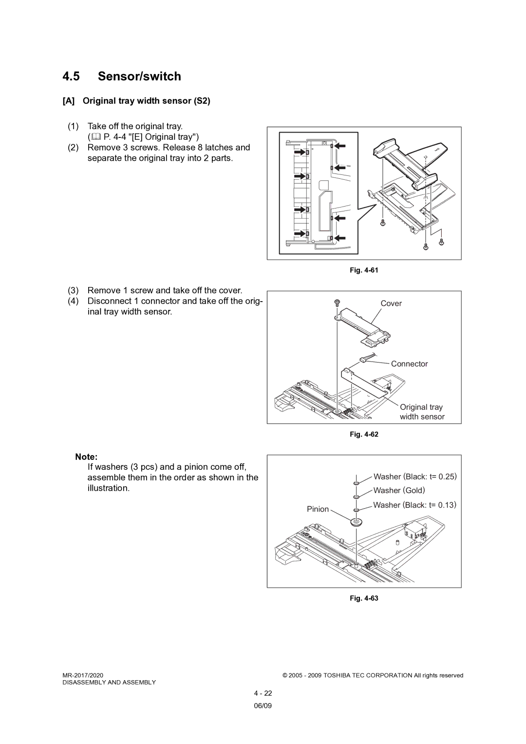 Toshiba MR-2017, MR-2020 service manual Sensor/switch, Original tray width sensor S2 