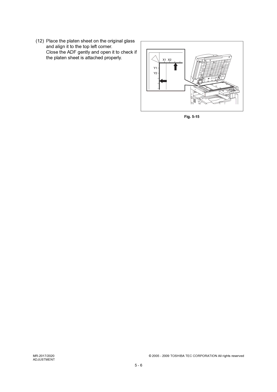 Toshiba MR-2017, MR-2020 service manual Place the platen sheet on the original glass 