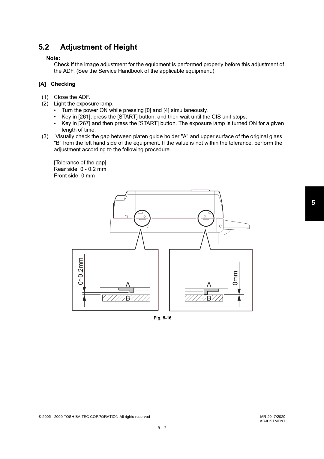 Toshiba MR-2020, MR-2017 service manual Adjustment of Height, ~0.2mm 0mm 