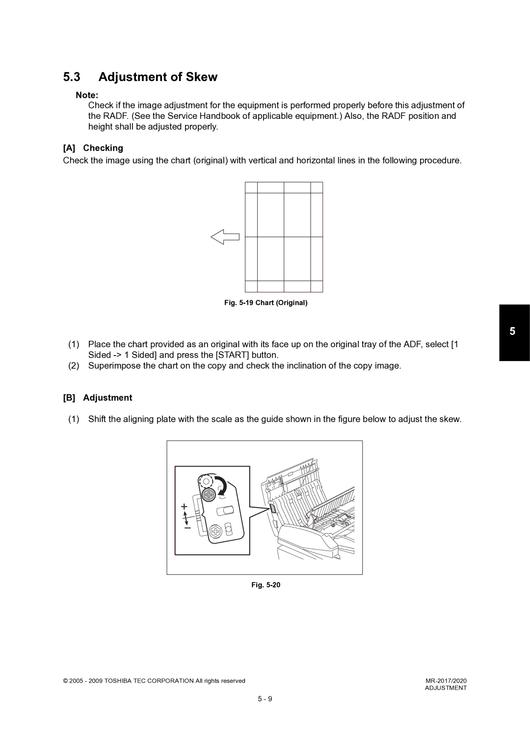 Toshiba MR-2020, MR-2017 service manual Adjustment of Skew, Chart Original 