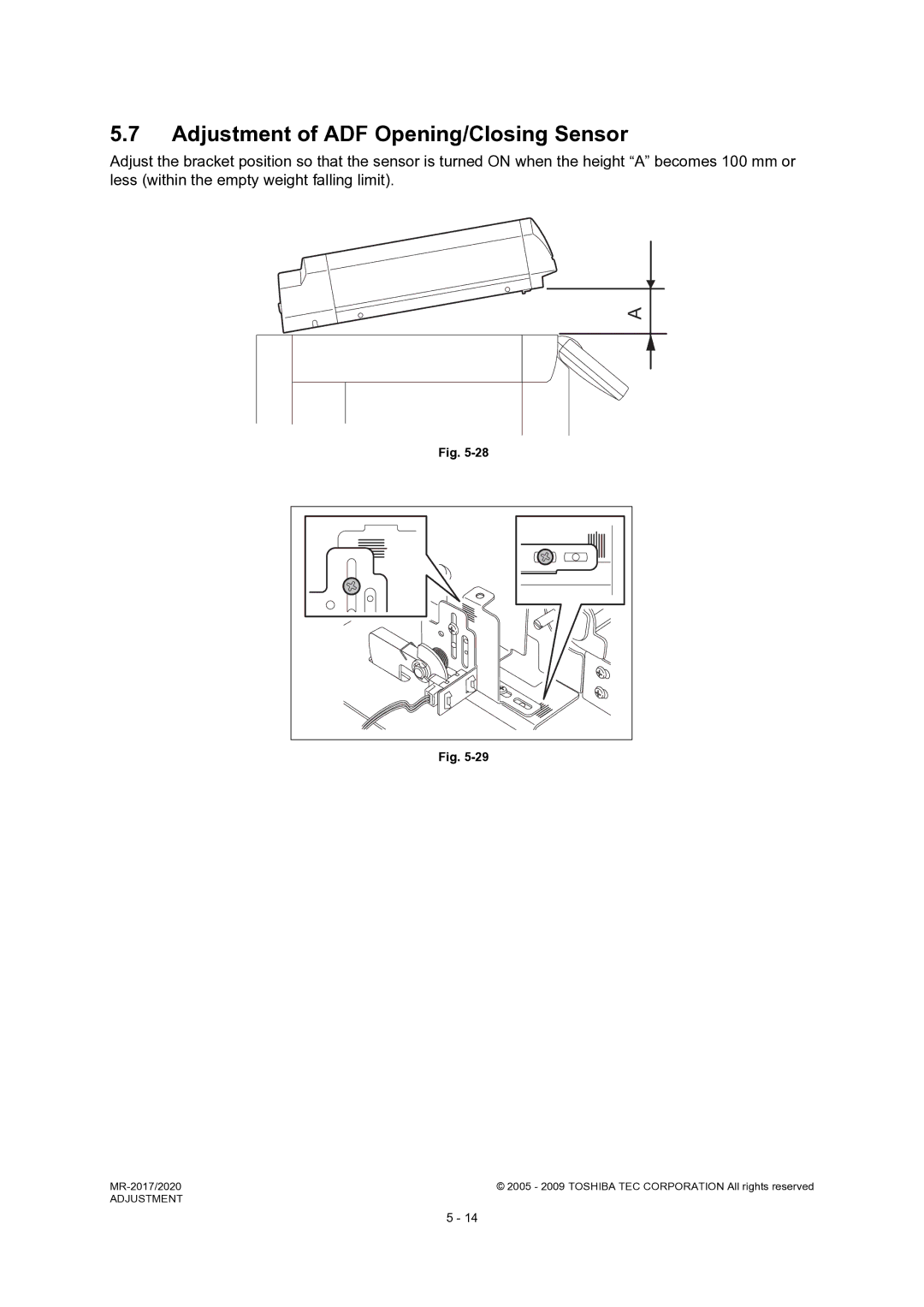 Toshiba MR-2017, MR-2020 service manual Adjustment of ADF Opening/Closing Sensor 