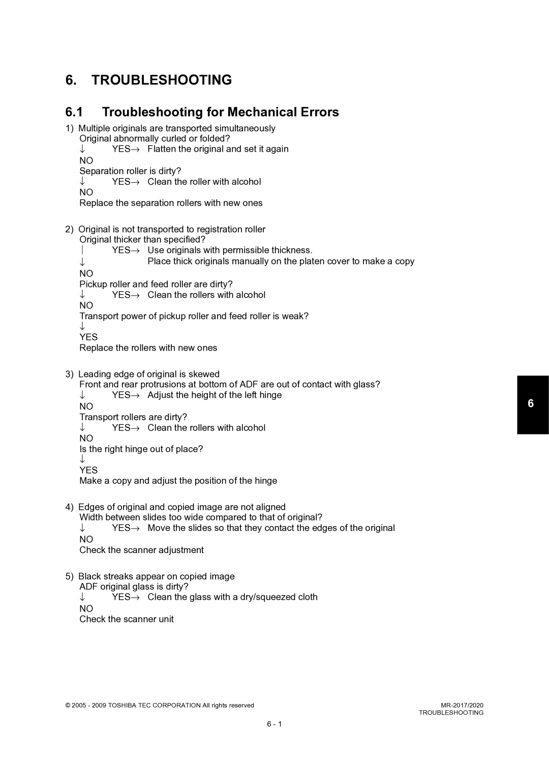 Toshiba MR-2020, MR-2017 service manual Troubleshooting for Mechanical Errors 