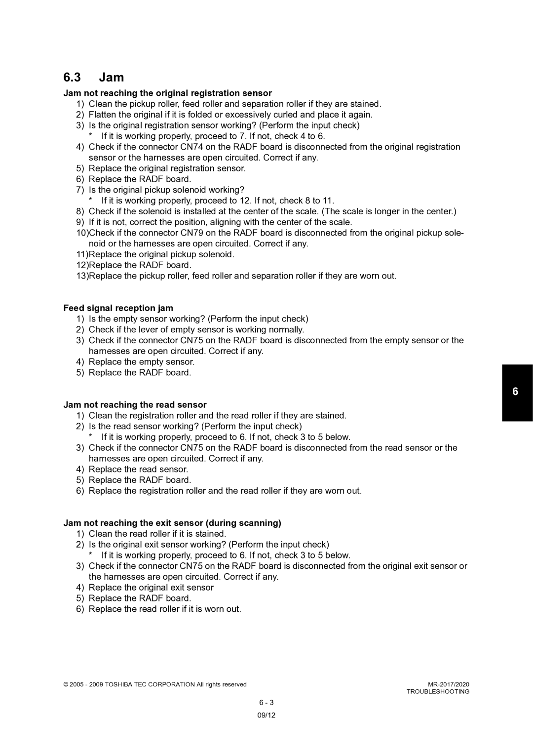 Toshiba MR-2020, MR-2017 service manual Jam not reaching the original registration sensor, Feed signal reception jam 