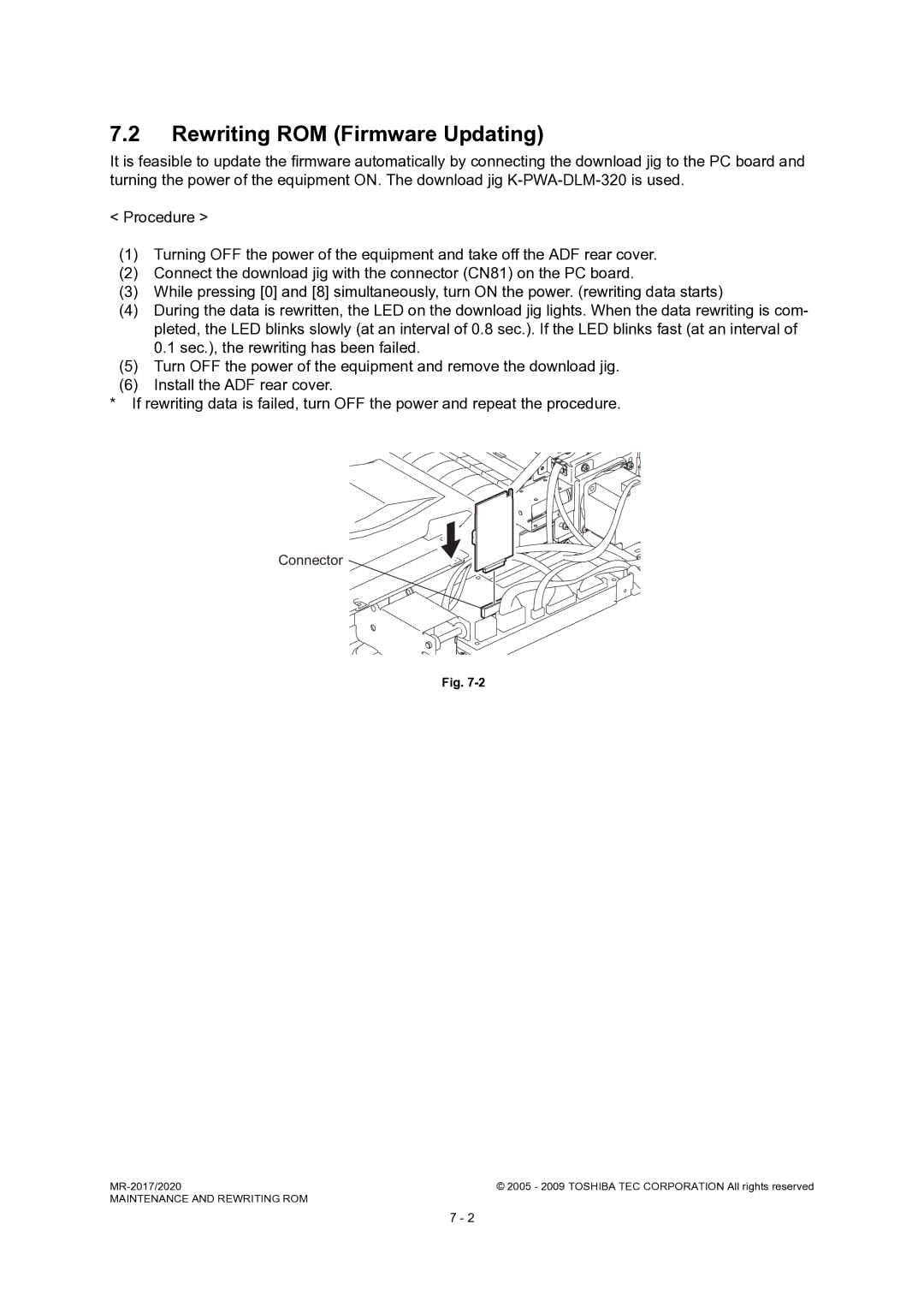 Toshiba MR-2017, MR-2020 service manual Rewriting ROM Firmware Updating, Connector 