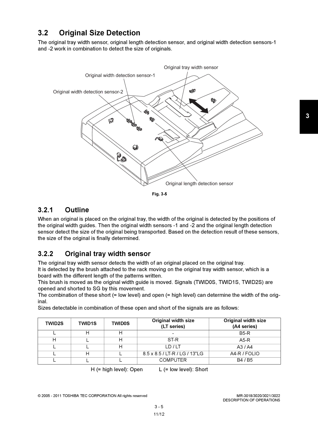 Toshiba MR-3022, MR-3018 Original Size Detection, Original tray width sensor, = high level Open = low level Short 