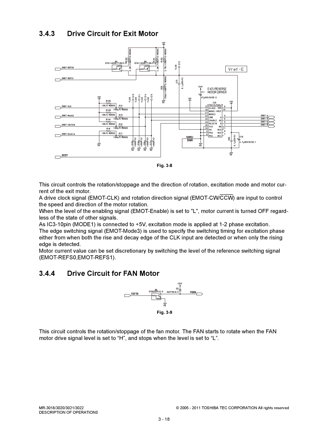 Toshiba MR-3018, MR-3022 service manual Drive Circuit for Exit Motor, Drive Circuit for FAN Motor 