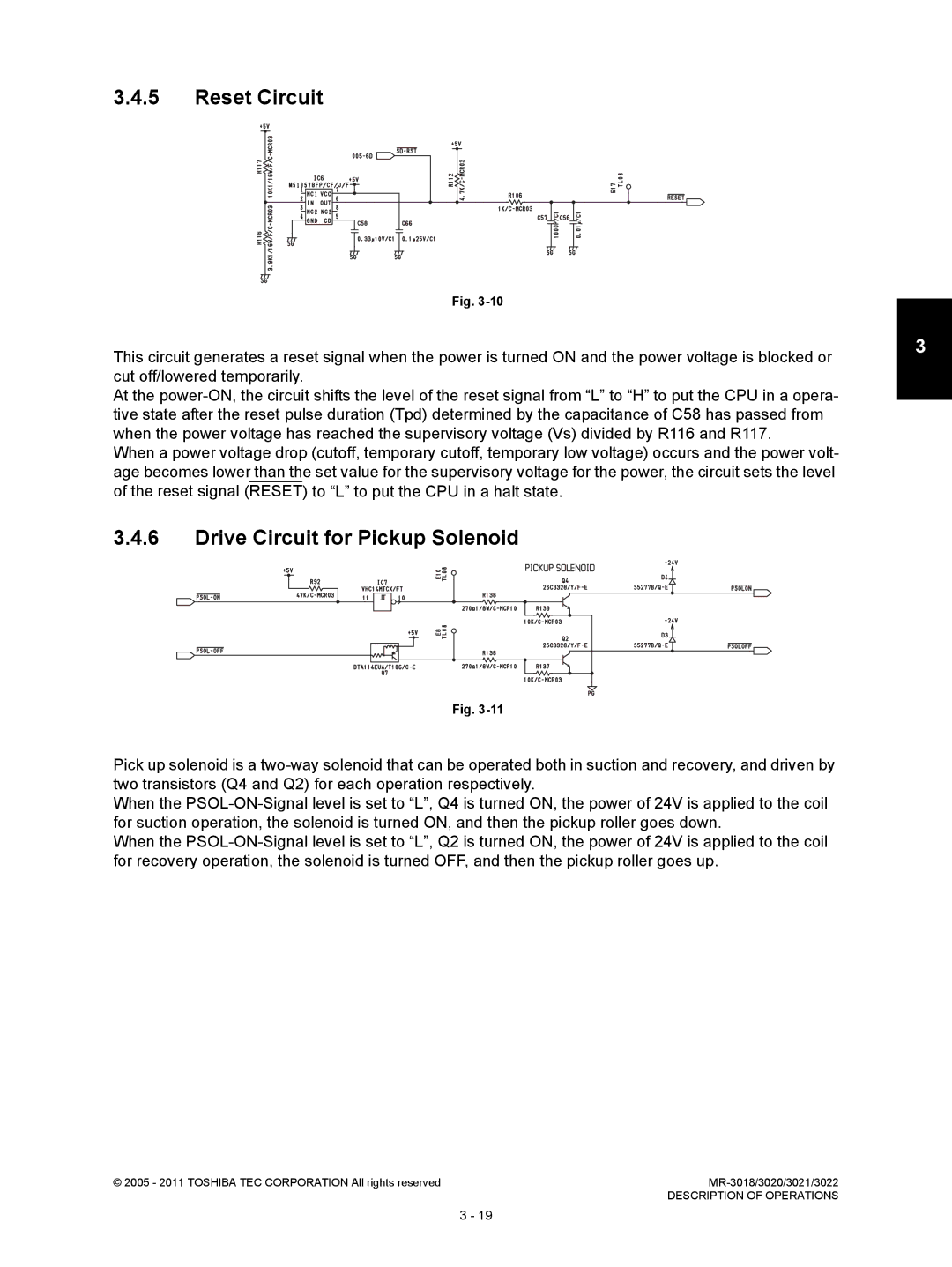 Toshiba MR-3022, MR-3018 service manual Reset Circuit, Drive Circuit for Pickup Solenoid 