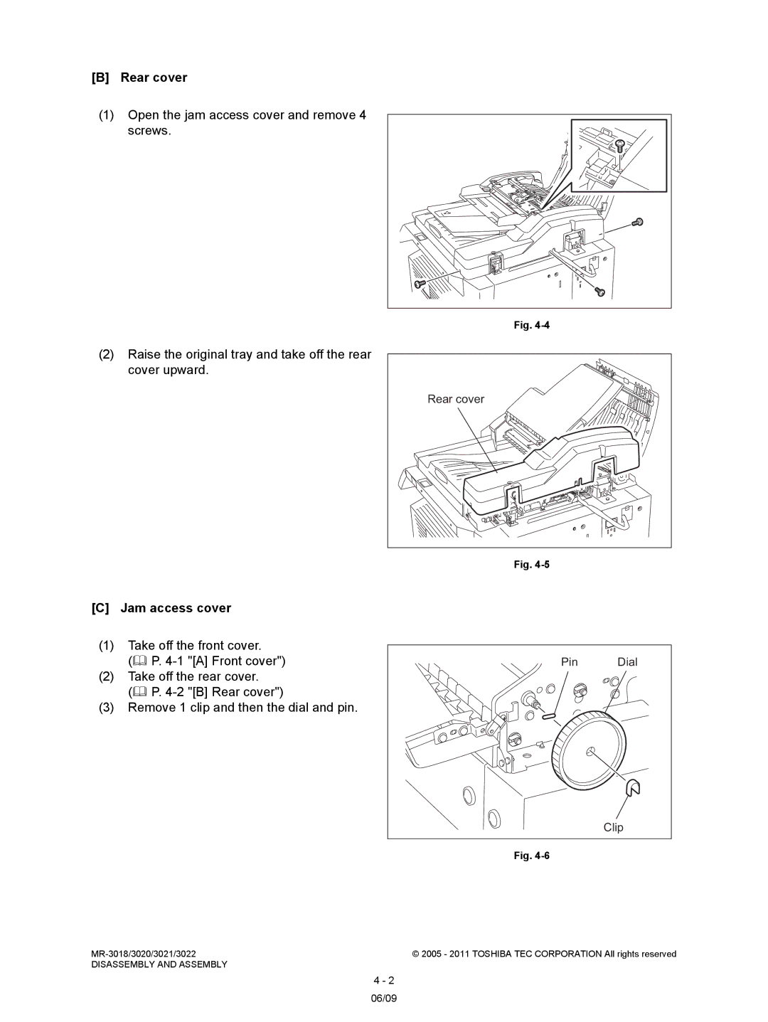 Toshiba MR-3018, MR-3022 service manual Rear cover, Jam access cover, Pin, Clip 