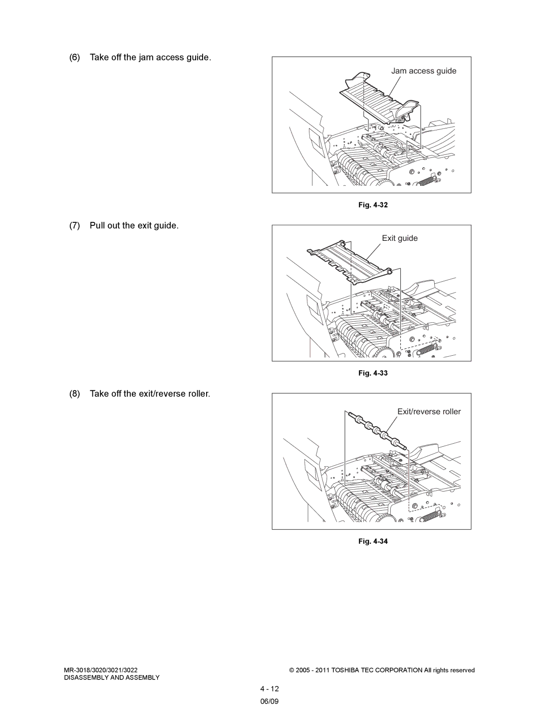 Toshiba MR-3018, MR-3022 service manual Exit guide, Exit/reverse roller 