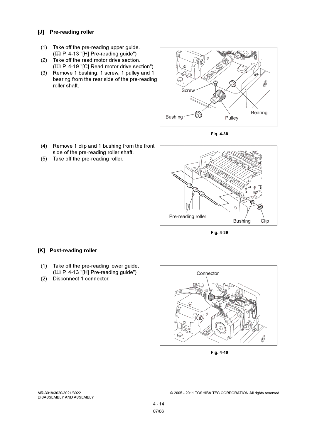 Toshiba MR-3018, MR-3022 service manual Post-reading roller, Screw Bushing, Pre-reading roller Bushing, Connector 