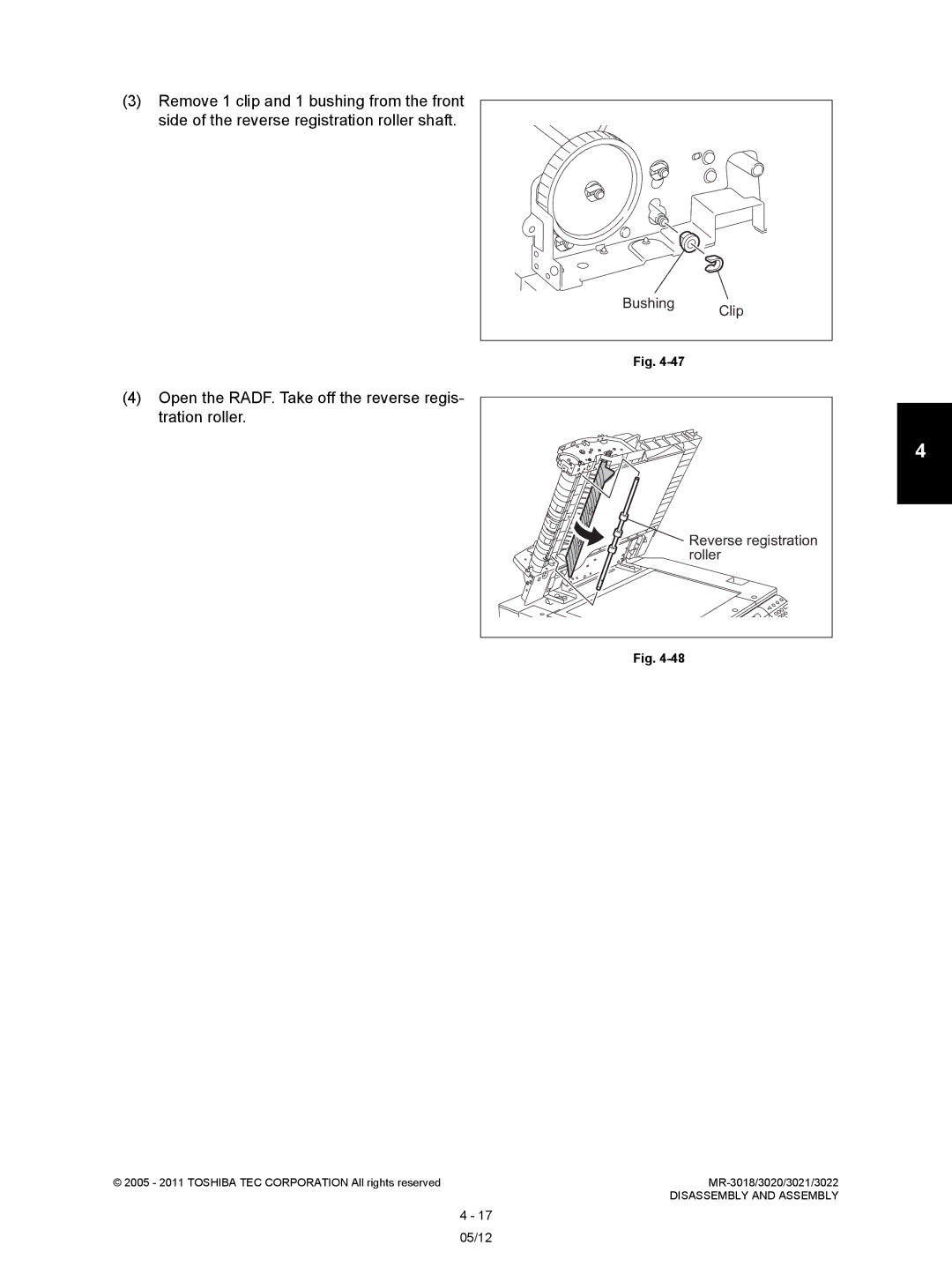 Toshiba MR-3022, MR-3018 service manual Open the RADF. Take off the reverse regis- tration roller, Roller 