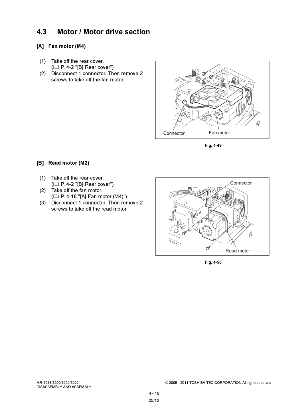 Toshiba MR-3018, MR-3022 service manual Motor / Motor drive section, Fan motor M4, Read motor M2 