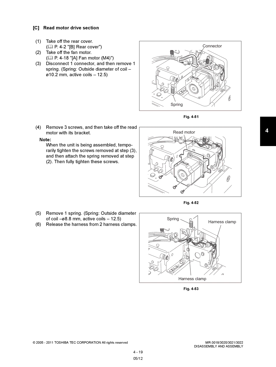 Toshiba MR-3022, MR-3018 service manual Read motor drive section, Spring, Harness clamp 