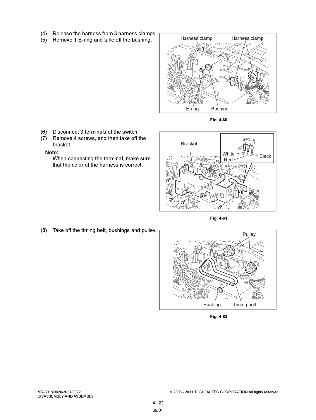 Toshiba MR-3018, MR-3022 Take off the timing belt, bushings and pulley, Ring Bushing Bracket White Black, Red, 09/01 