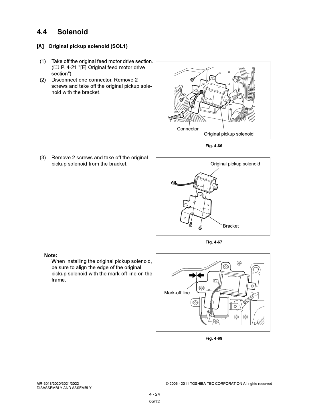 Toshiba MR-3018, MR-3022 service manual Solenoid, Original pickup solenoid SOL1, Bracket, Mark-off line 