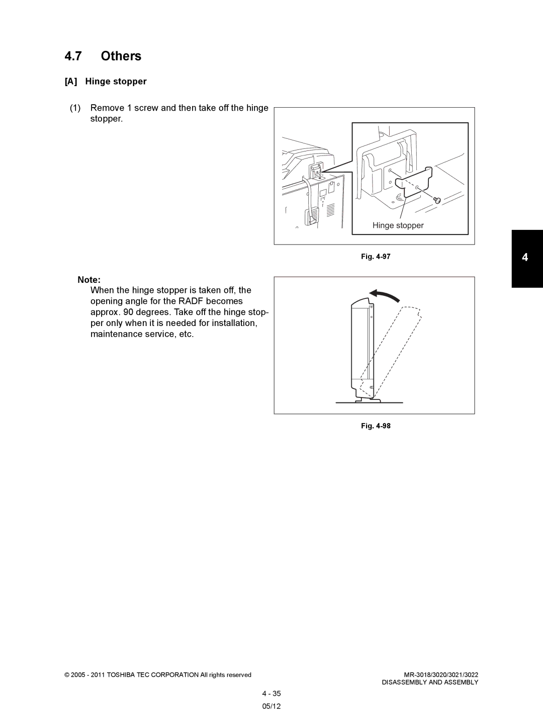 Toshiba MR-3022, MR-3018 service manual Others, Hinge stopper, Remove 1 screw and then take off the hinge, Stopper 