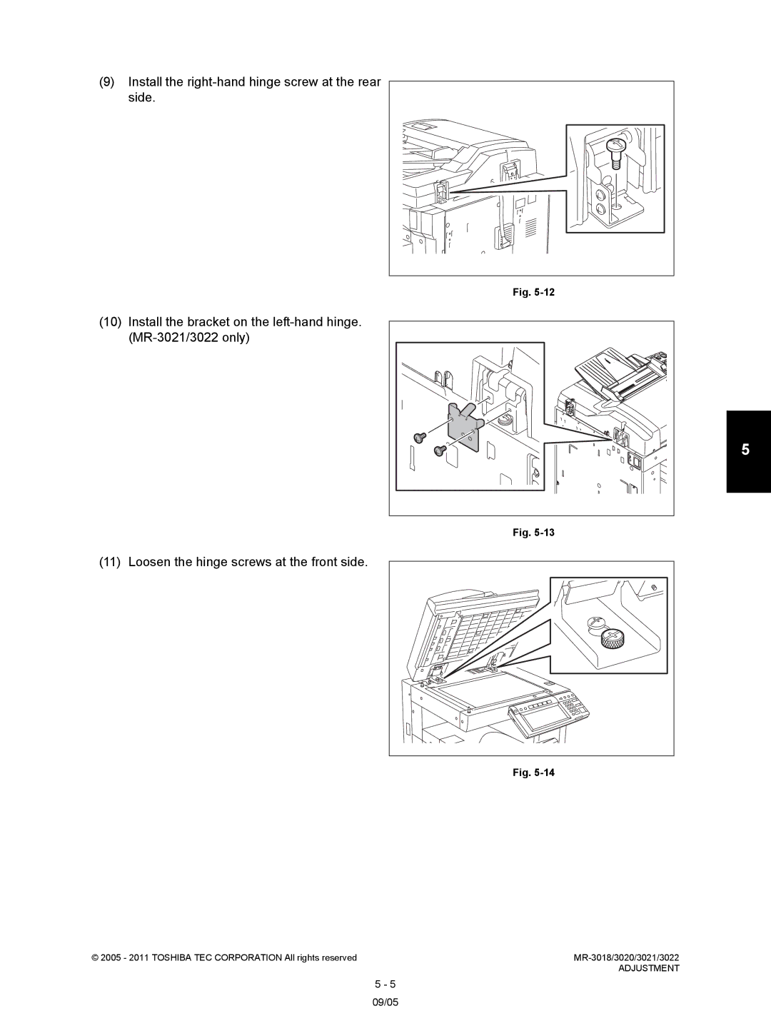 Toshiba MR-3022, MR-3018 Install the right-hand hinge screw at the rear, Side, Install the bracket on the left-hand hinge 