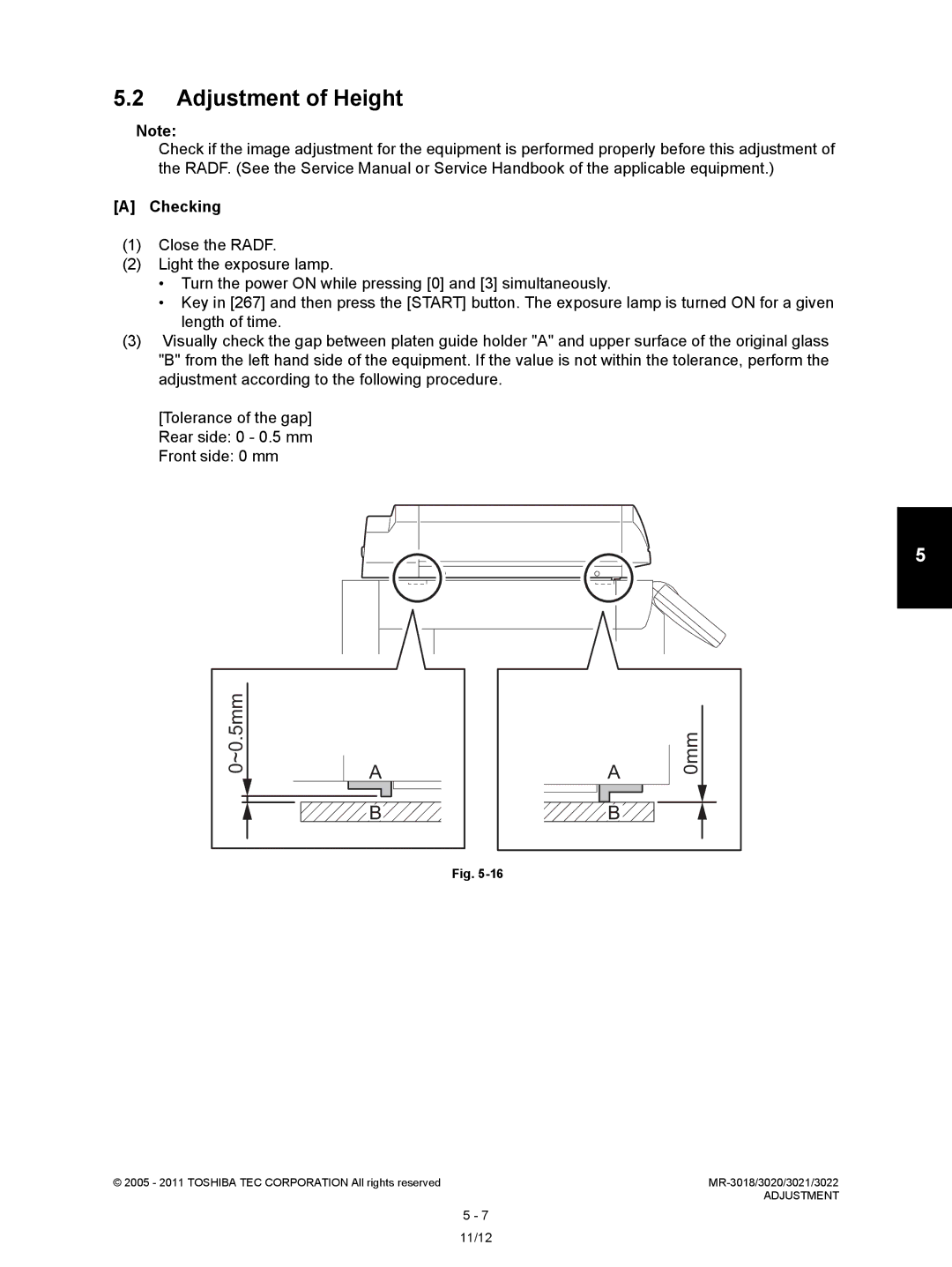 Toshiba MR-3022, MR-3018 service manual Adjustment of Height, ~0.5mm 0mm 