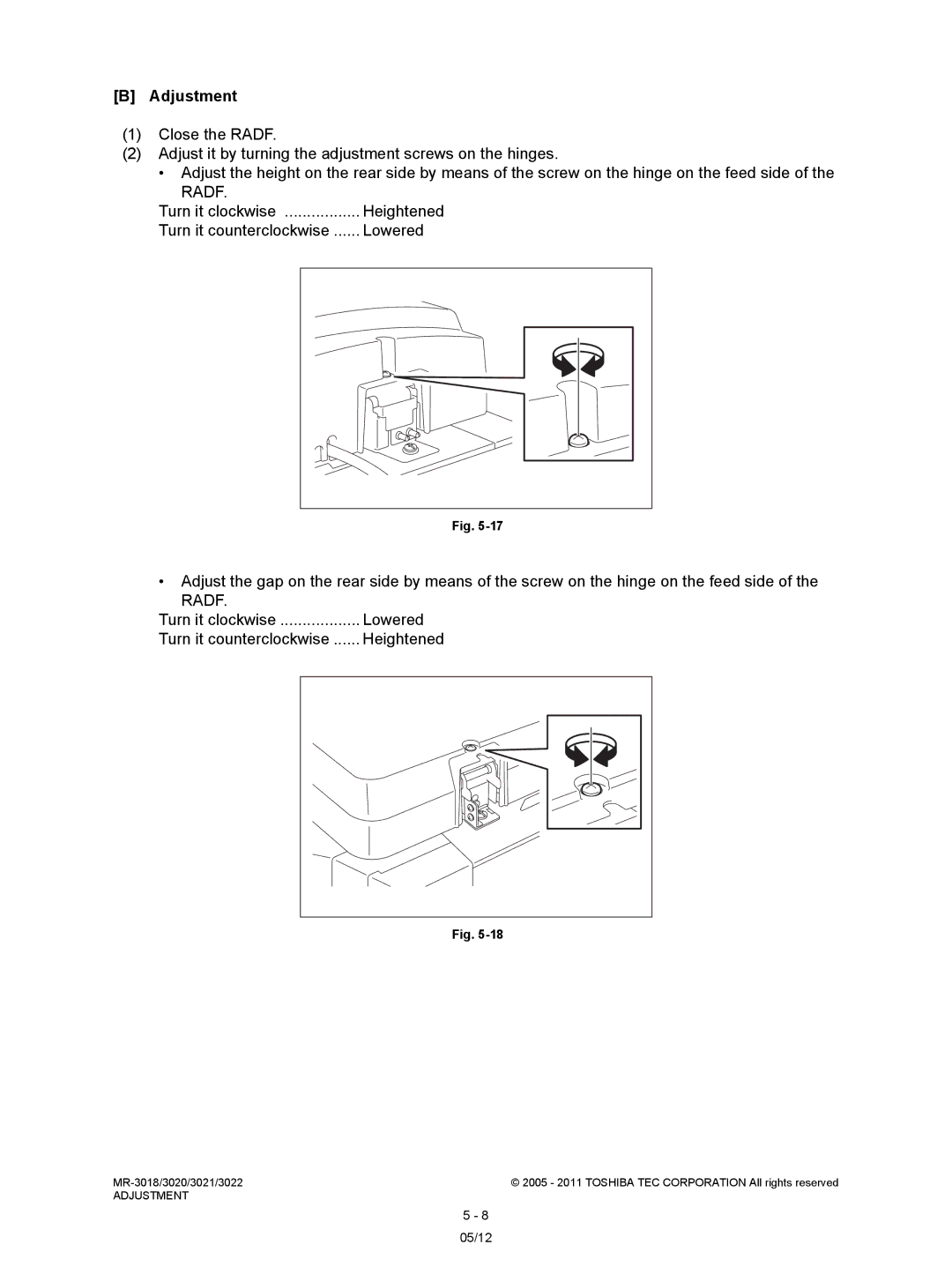 Toshiba MR-3018, MR-3022 service manual Turn it counterclockwise Heightened, Turn it clockwise 