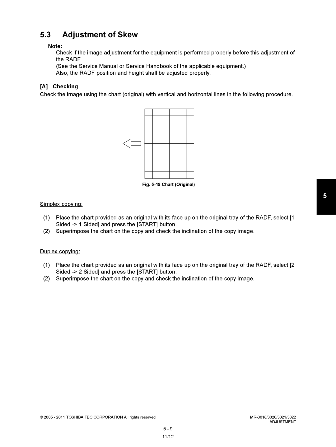 Toshiba MR-3022, MR-3018 service manual Adjustment of Skew, Chart Original 