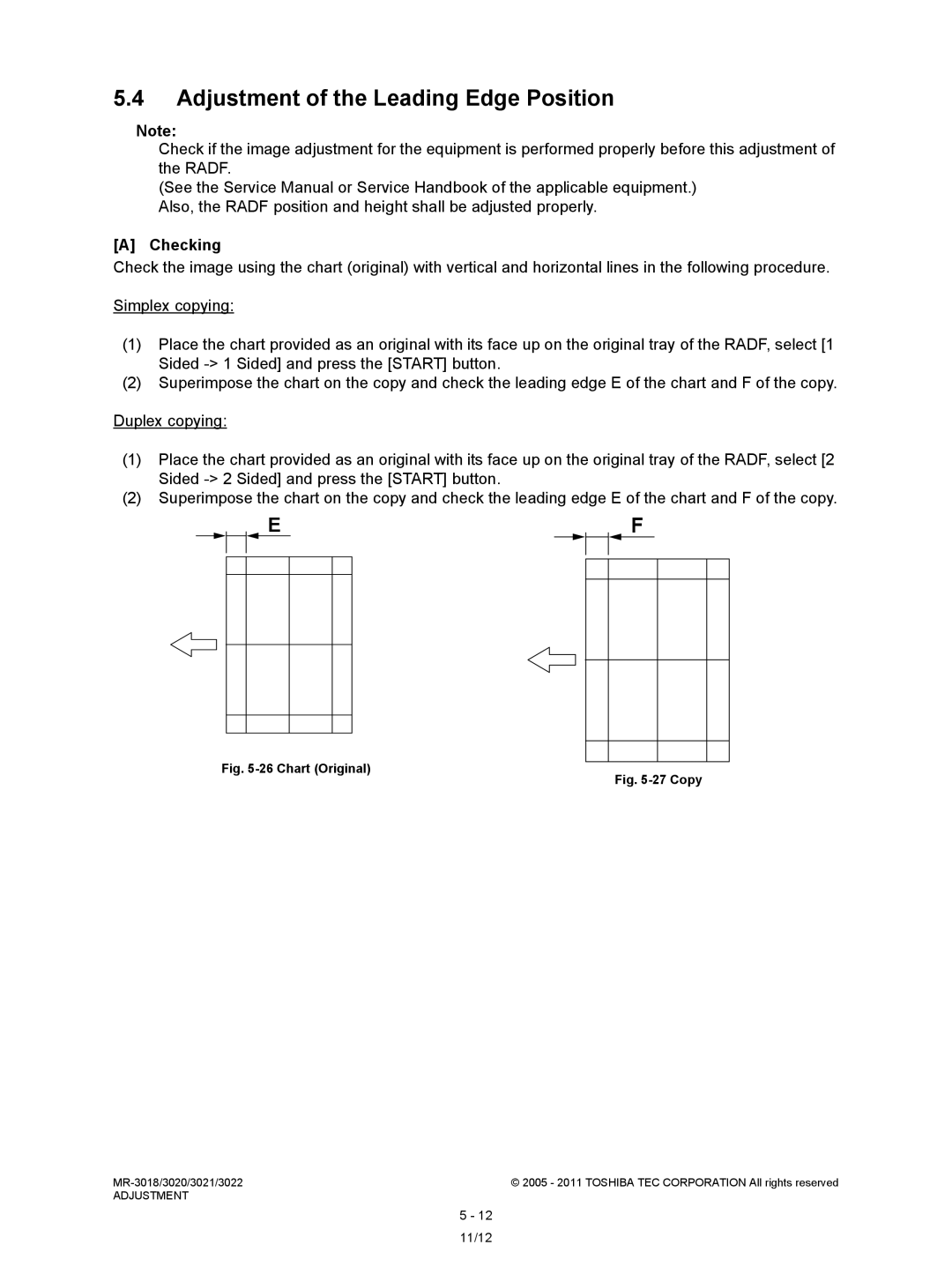 Toshiba MR-3018, MR-3022 service manual Adjustment of the Leading Edge Position, Chart Original 