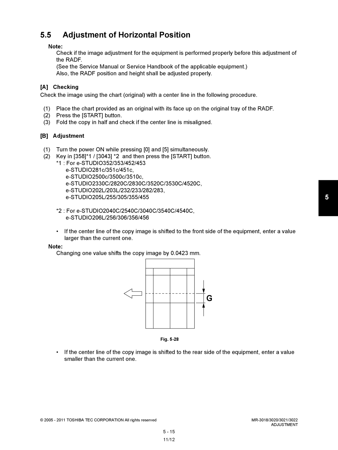 Toshiba MR-3022, MR-3018 service manual Adjustment of Horizontal Position, Checking 