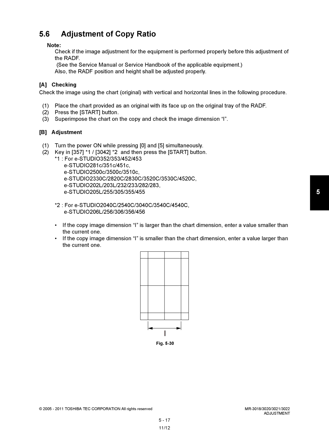 Toshiba MR-3022, MR-3018 service manual Adjustment of Copy Ratio 