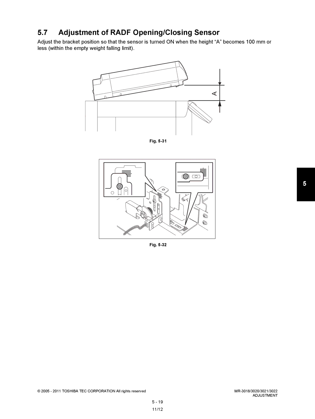 Toshiba MR-3022, MR-3018 service manual Adjustment of Radf Opening/Closing Sensor 