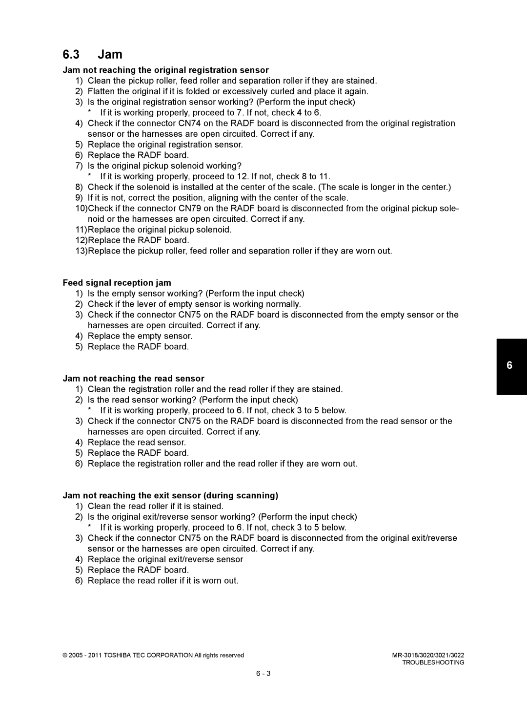 Toshiba MR-3022, MR-3018 service manual Jam not reaching the original registration sensor, Feed signal reception jam 