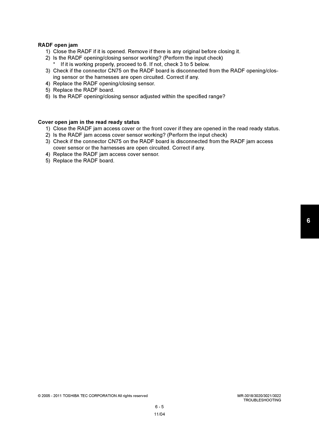 Toshiba MR-3022, MR-3018 service manual Radf open jam, Cover open jam in the read ready status, 11/04 