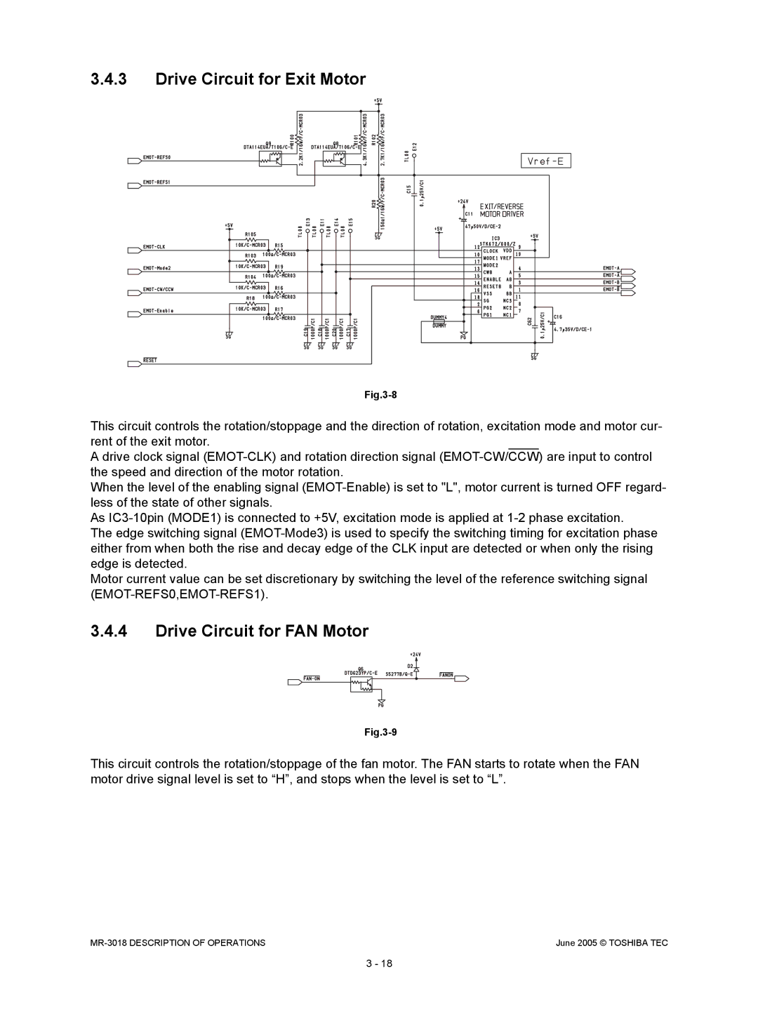 Toshiba MR-3018 service manual Drive Circuit for Exit Motor, Drive Circuit for FAN Motor 