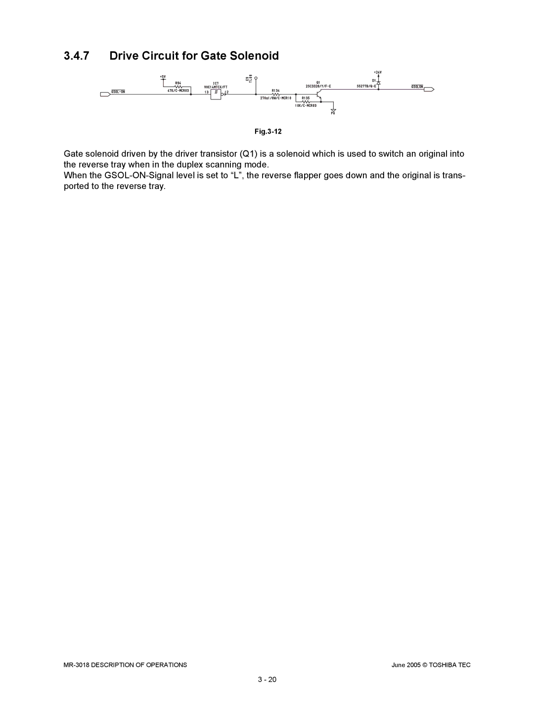 Toshiba MR-3018 service manual Drive Circuit for Gate Solenoid 