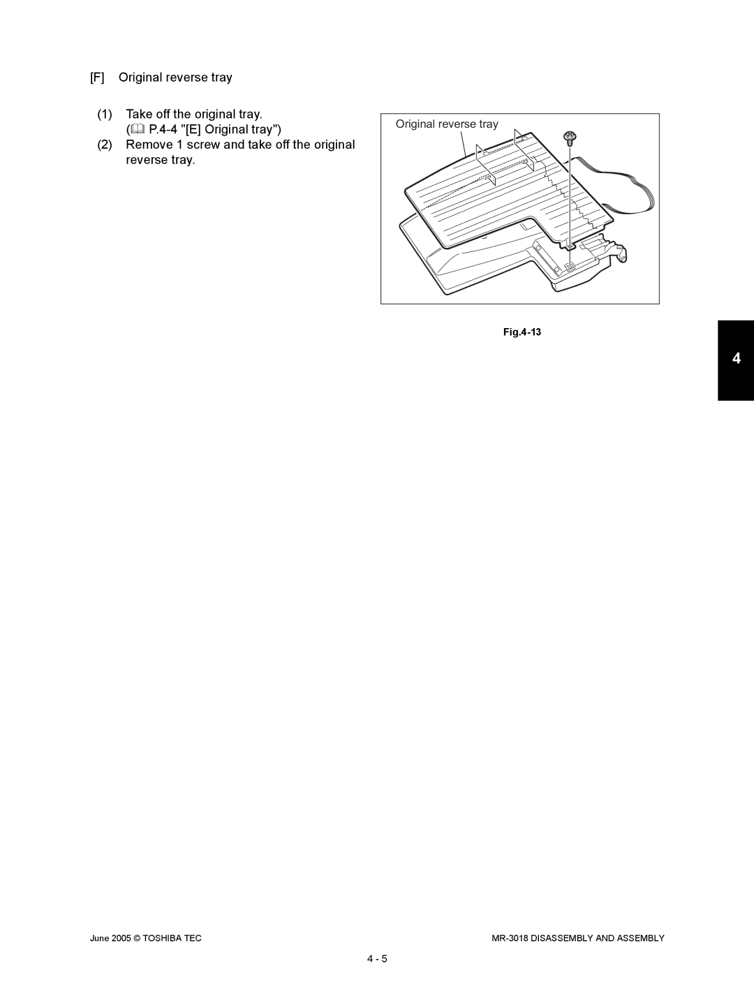 Toshiba MR-3018 service manual Original reverse tray Take off the original tray 