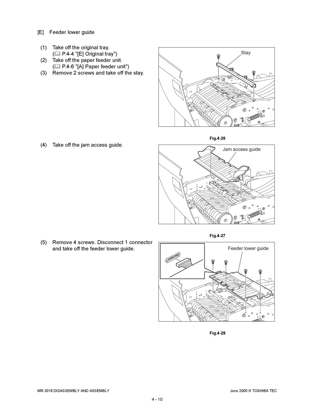 Toshiba MR-3018 service manual Feeder lower guide Take off the original tray 