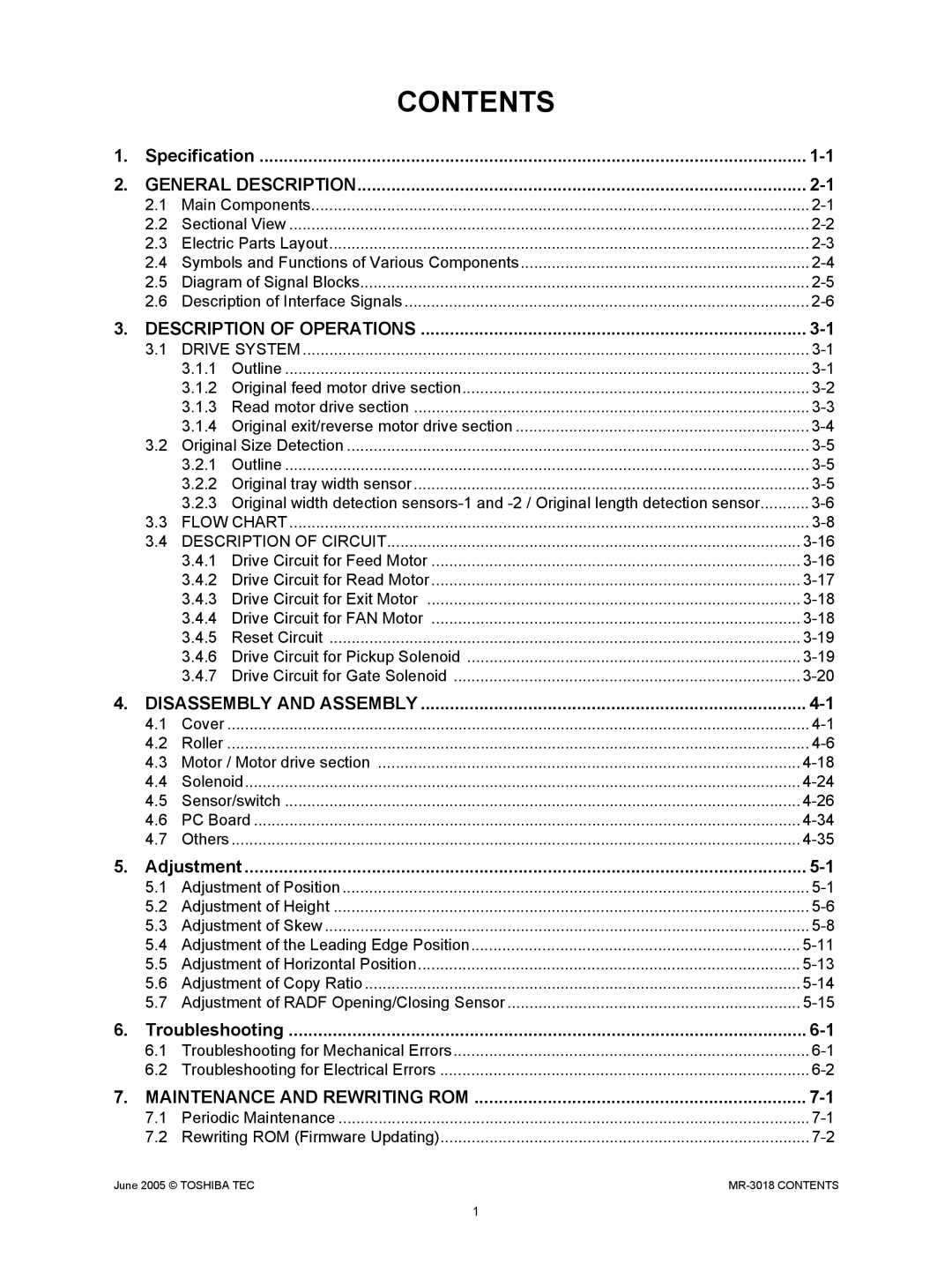 Toshiba MR-3018 service manual Contents 