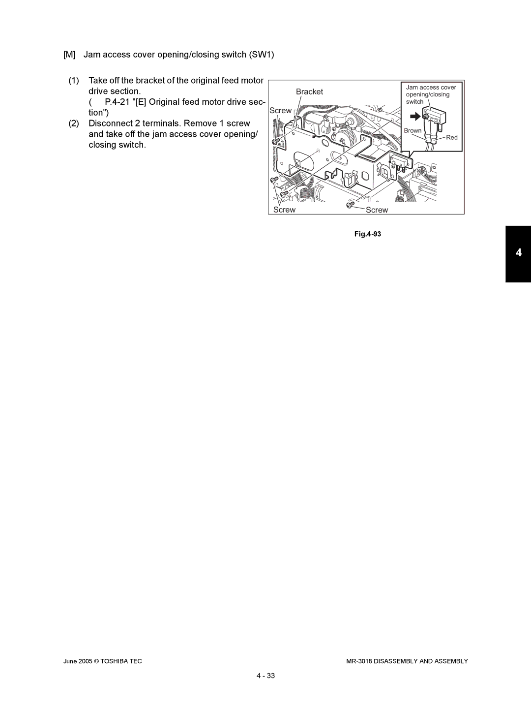 Toshiba MR-3018 service manual Opening/closing 