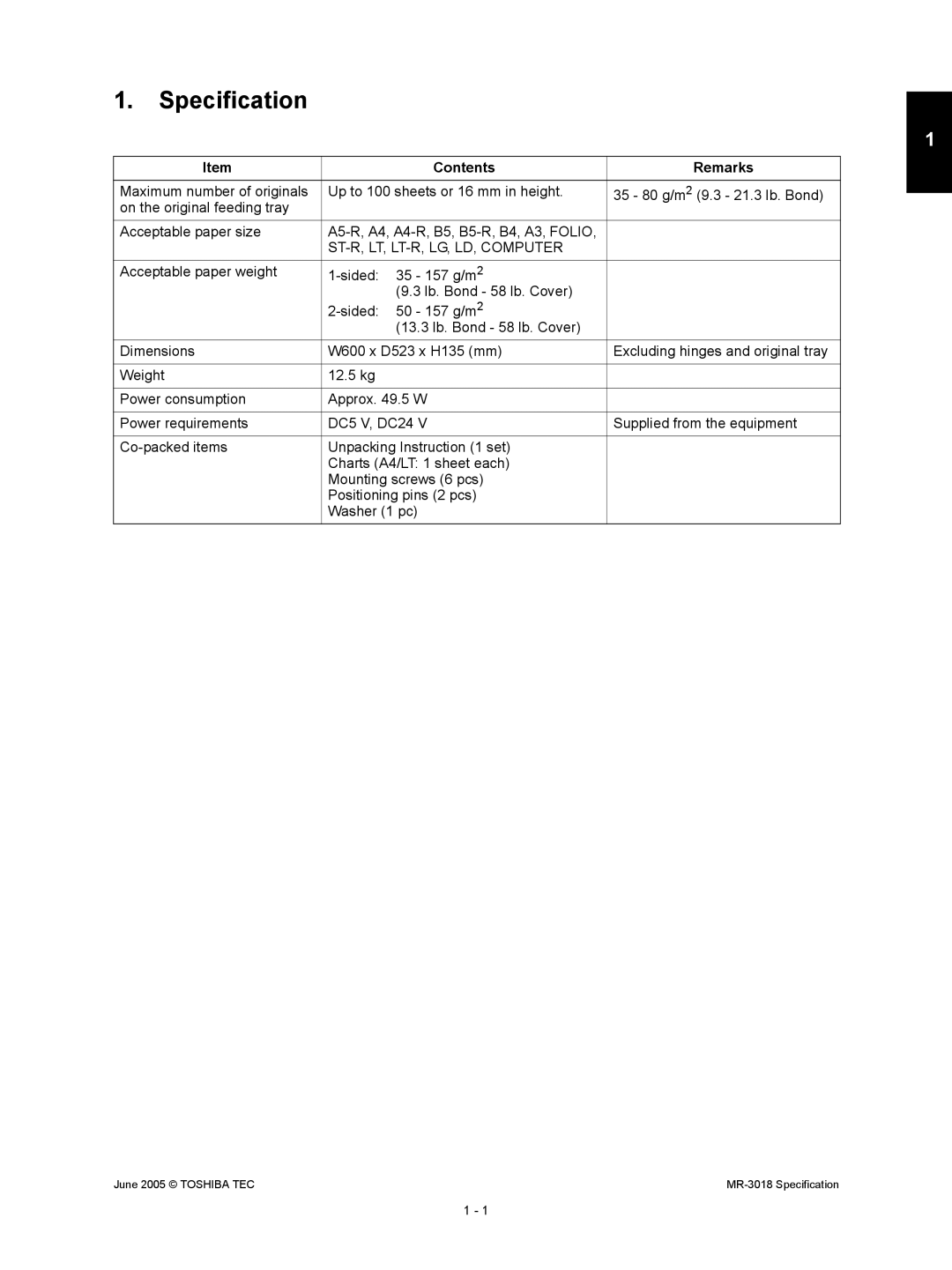 Toshiba MR-3018 service manual Specification 