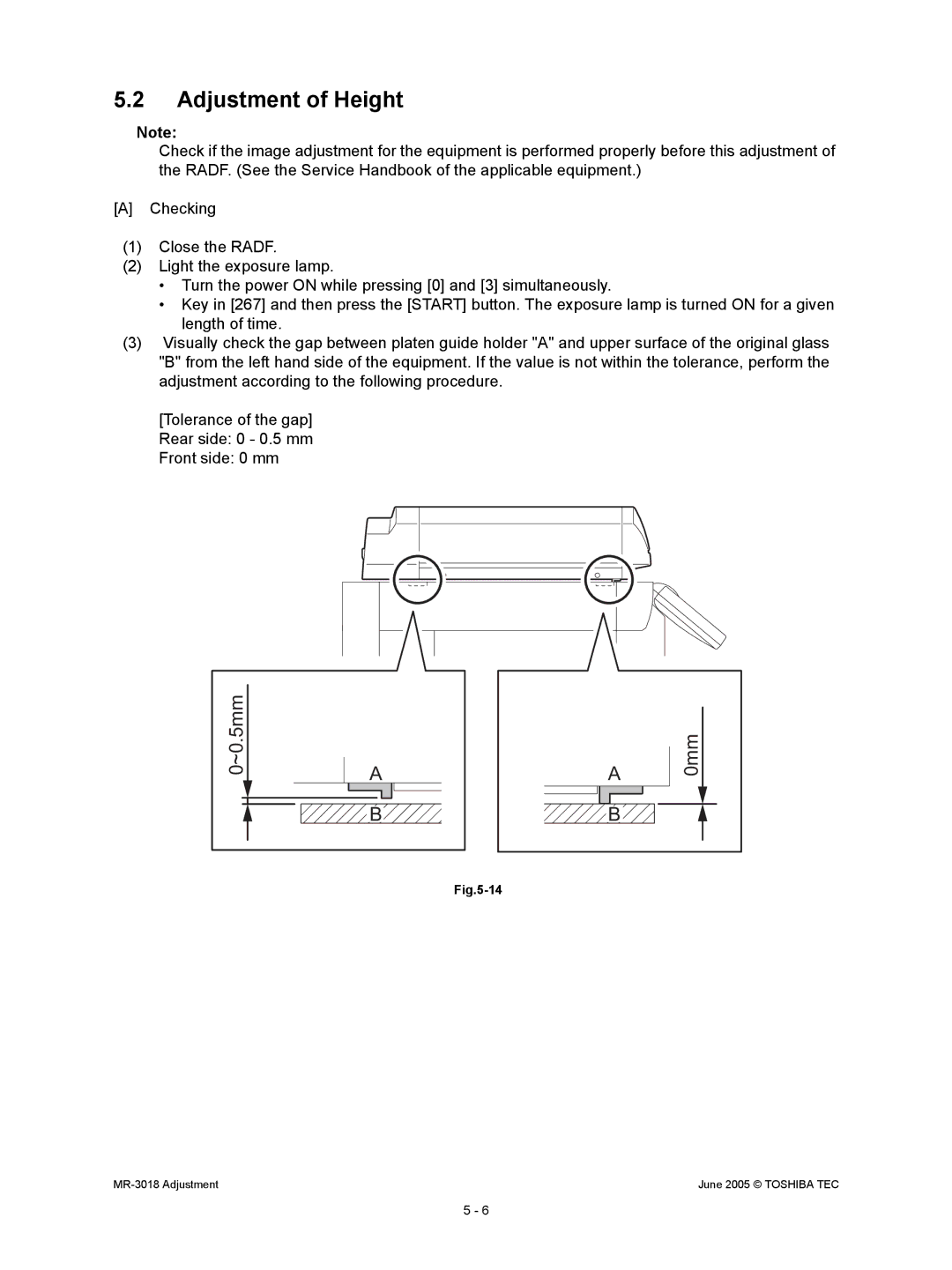 Toshiba MR-3018 service manual Adjustment of Height, ~0.5mm 0mm 