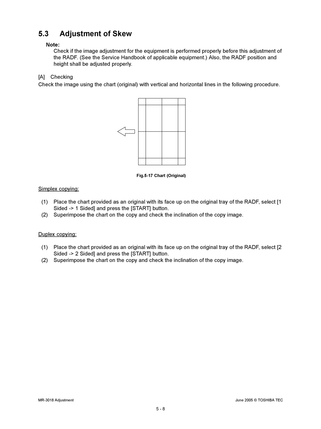 Toshiba MR-3018 service manual Adjustment of Skew, Chart Original 