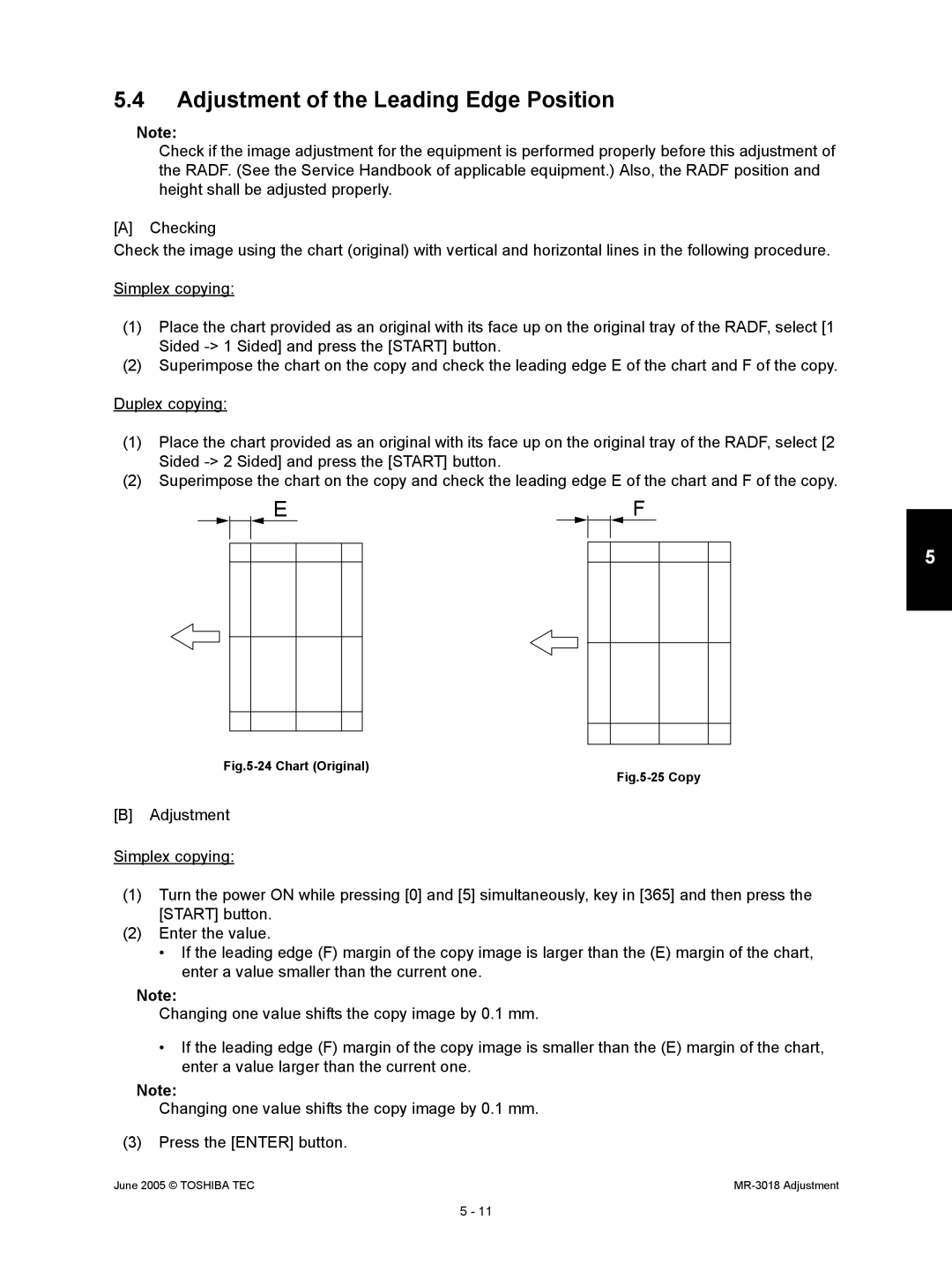 Toshiba MR-3018 service manual Adjustment of the Leading Edge Position, Chart Original 